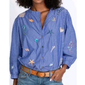 Johnny Was Blue Striped Embroidered Top